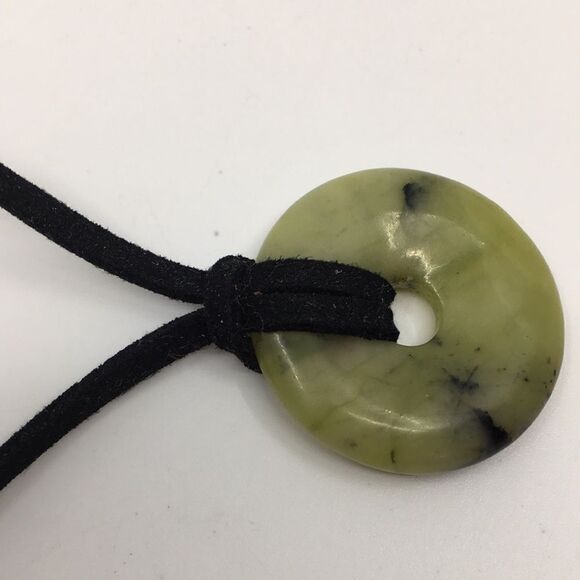 Olive Jade Disc Necklace on Black Suede Cord with silver tone hardware - Picture 14 of 16